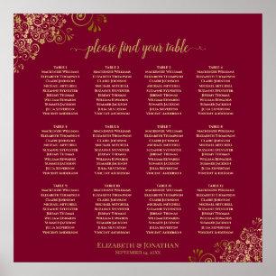 Poster Élégant 12 Table Burgundy & Gold Seating Chart