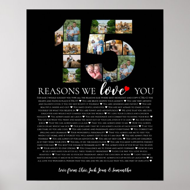 Poster élégant 15 raisons pour lesquelles je t'aime en mo (Devant)