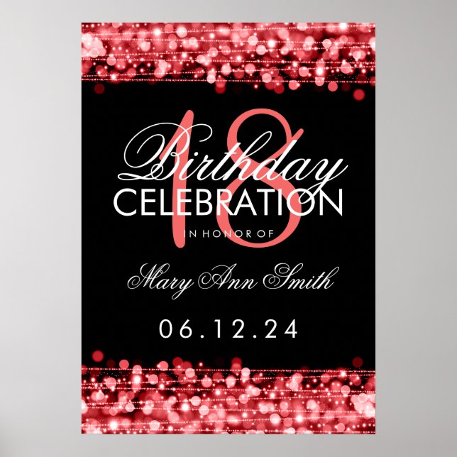 Poster Élégant 18ème anniversaire fête étincelle rouge (Devant)