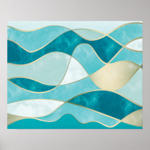 Poster Elegant Abstract Gold Waves & Teal Marble Grunge