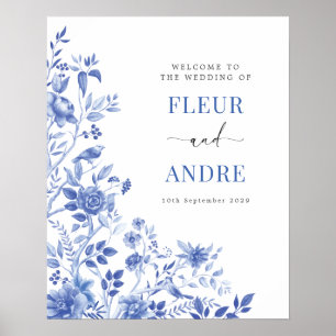 Poster Élégant accueil de mariage blanc et bleu en chinoi