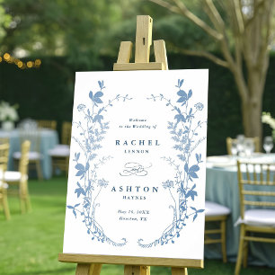 Poster Élégant Accueil de Mariage Botanique Bleu Français