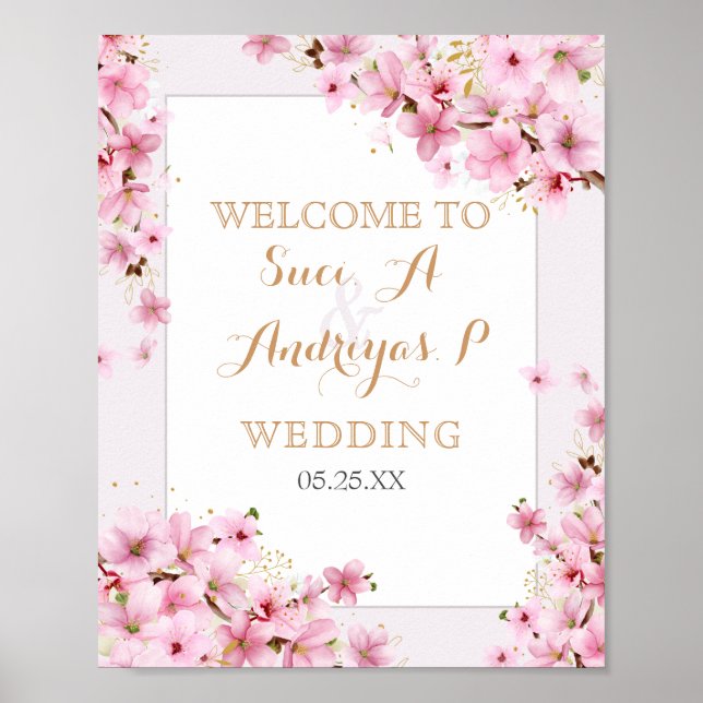 Poster Elégant Aquarelle Cerisier Fleur Printemps Mariage (Devant)