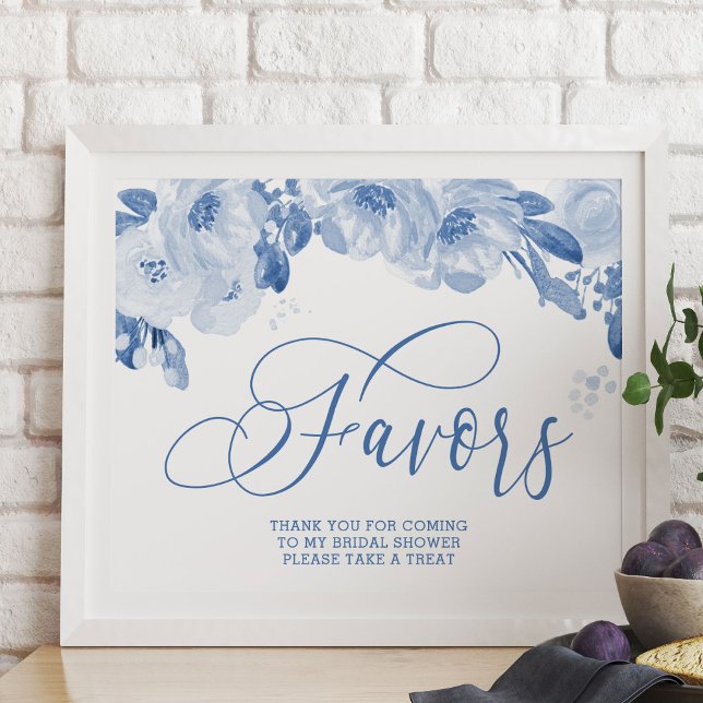 Poster Élégant Aquarelle Floral Dusty Blue Faveurs Signal (Favors Table Sign from my Dusty Blue Watercolor Floral Bridal Shower)