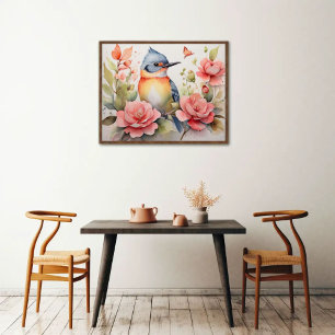Poster Elégant aquarelle Oiseau Floral Art Réaliste