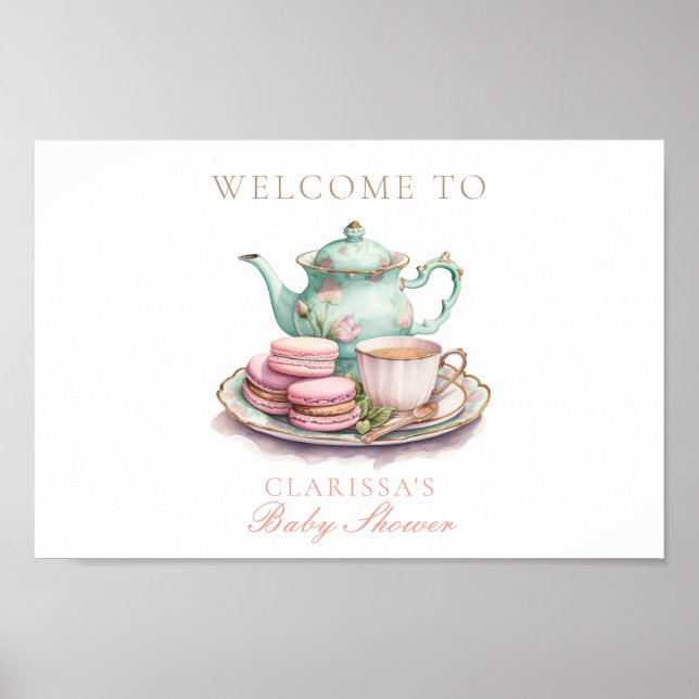 Poster Elégant Aquarelle Tea Party Gold Baby shower rose (Devant)