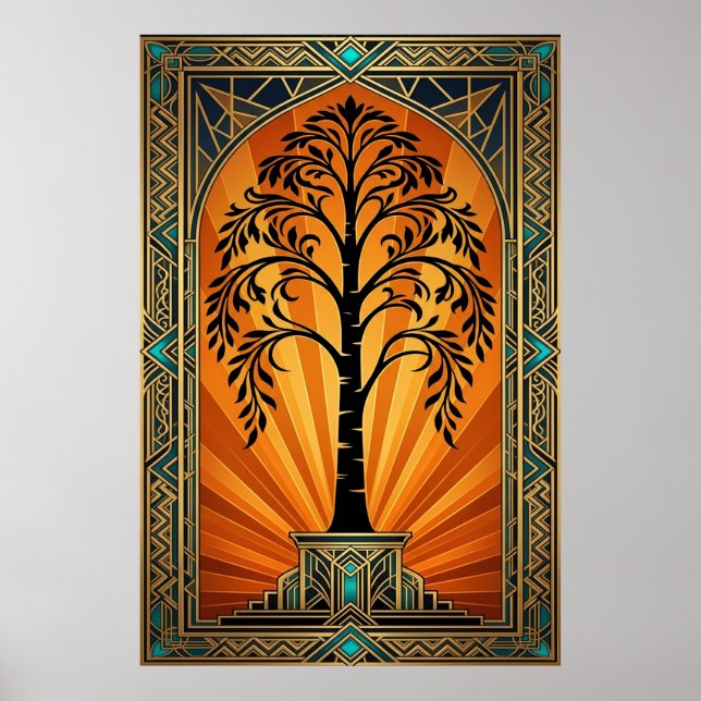 Poster Elegant Art Deco Willow Tree Sunset Gold (Devant)