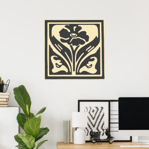 Poster Elégant Art Nouveau Fleur beige Noir