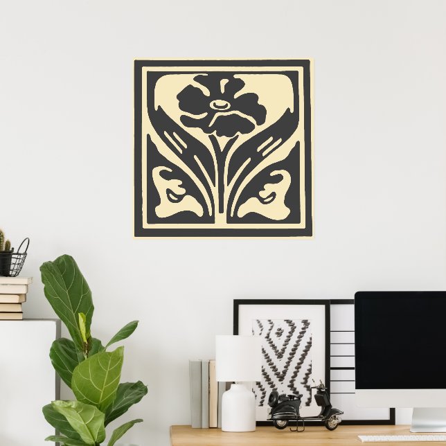 Poster Elégant Art Nouveau Fleur beige Noir (Bureau à domicile)