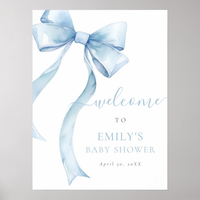 Poster Elégant Baby shower Bow Boy Coquette Bleu Bienvenu (Devant)