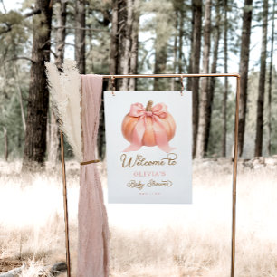 Poster Elégant Baby shower Citrouille rose Bow