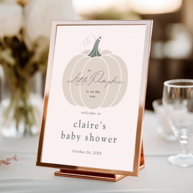 Poster Elégant Baby shower d'automne blanc petit Citrouil (Elegant white little pumpkin baby shower welcome sign.)