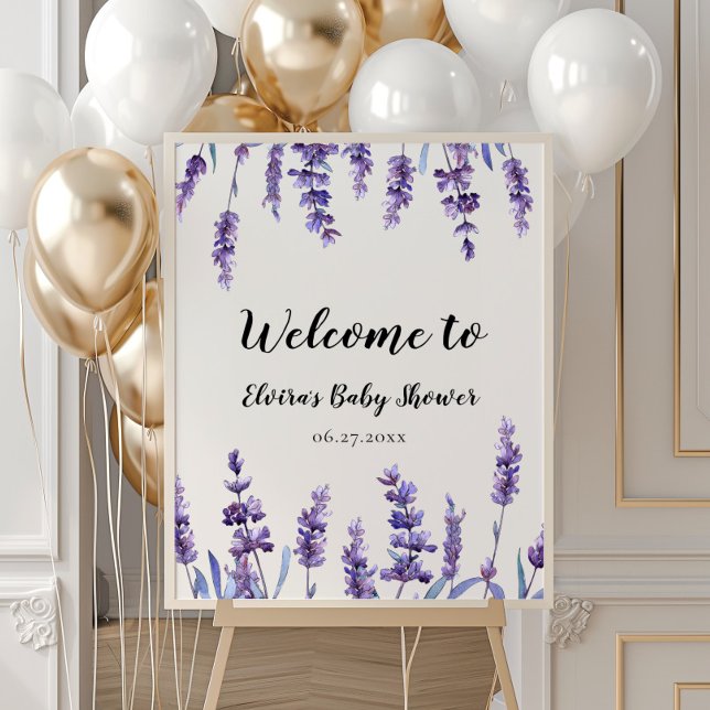 Poster Elégant Baby shower de lavande fleurie bienvenue (Créateur téléchargé)