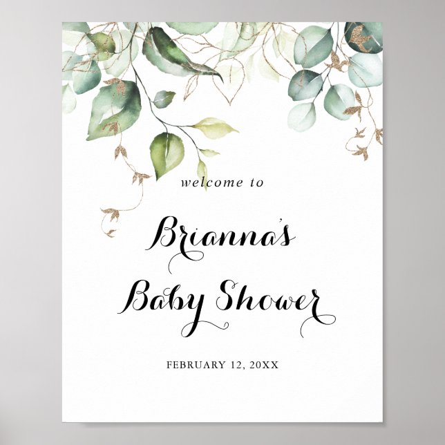 Poster Elégant Baby shower de verdure or Bienvenue (Devant)