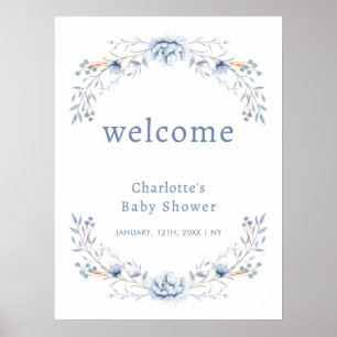 Poster Elégant Baby shower Floral Bleu d'hiver Bienvenue