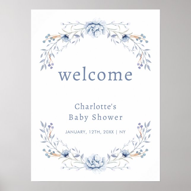Poster Elégant Baby shower Floral Bleu d'hiver Bienvenue (Devant)