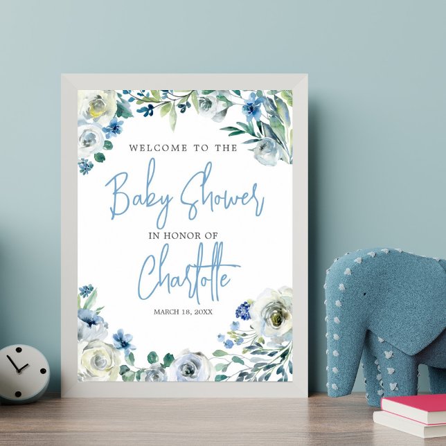 Poster Elégant Baby shower Floral Bleu Printemps Bienvenu (Créateur téléchargé)