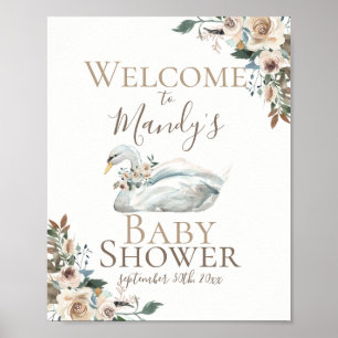 Poster Elégant Baby shower floral de cygne Neutre Bienven