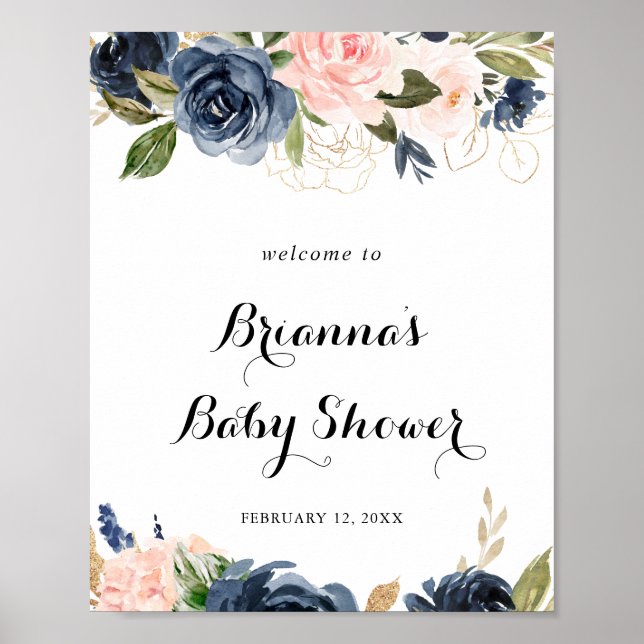 Poster Elégant Baby shower Floral d'hiver Bienvenue (Devant)