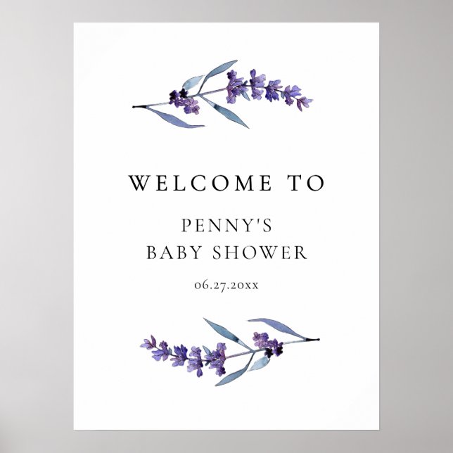 Poster Elégant Baby shower Floral Lavender Bienvenue (Devant)