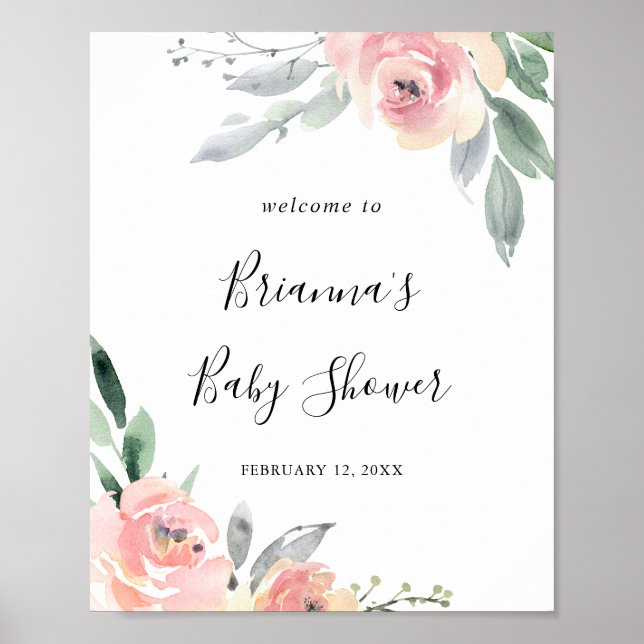 Poster Elégant Baby shower Floral Rose Blush Bienvenue (Devant)