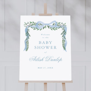 Poster Elégant Baby shower Garçon Blue Bow Greenery Bienv