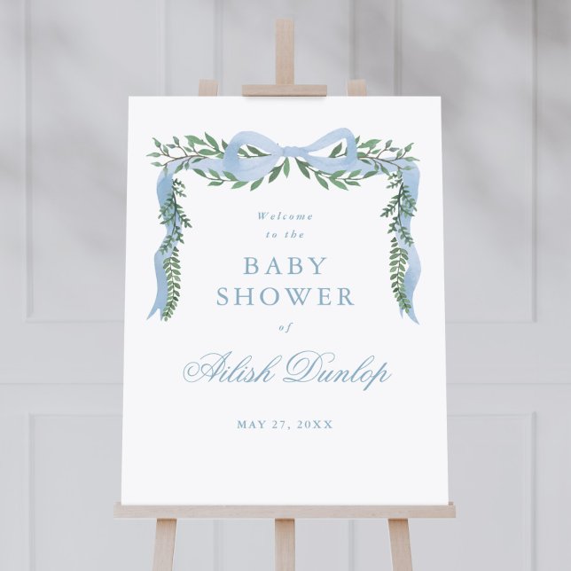 Poster Elégant Baby shower Garçon Blue Bow Greenery Bienv (Elegant blue bow baby shower welcome poster. Available as a  printed poster or an instant download. )