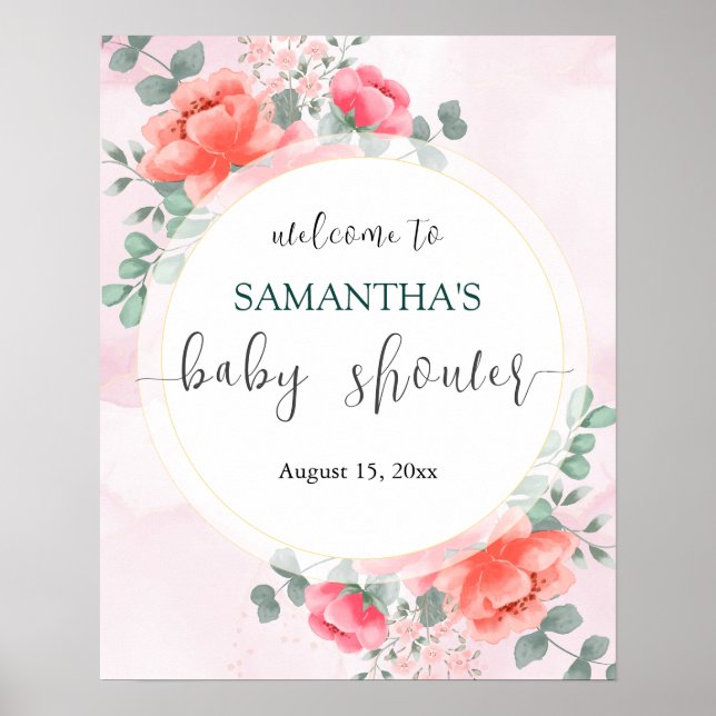 Poster Élégant baby shower rose pâle signe de bienvenue (Devant)