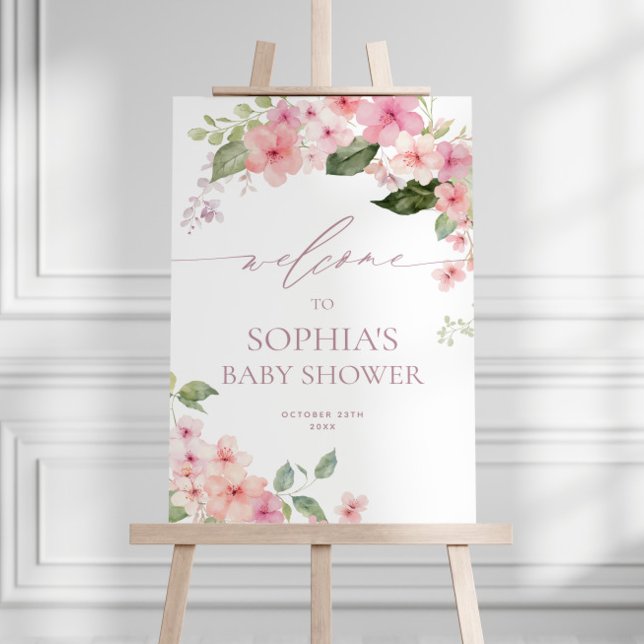 Poster Elégant Baby shower rose Sakura Flowers Bienvenue (Créateur téléchargé)