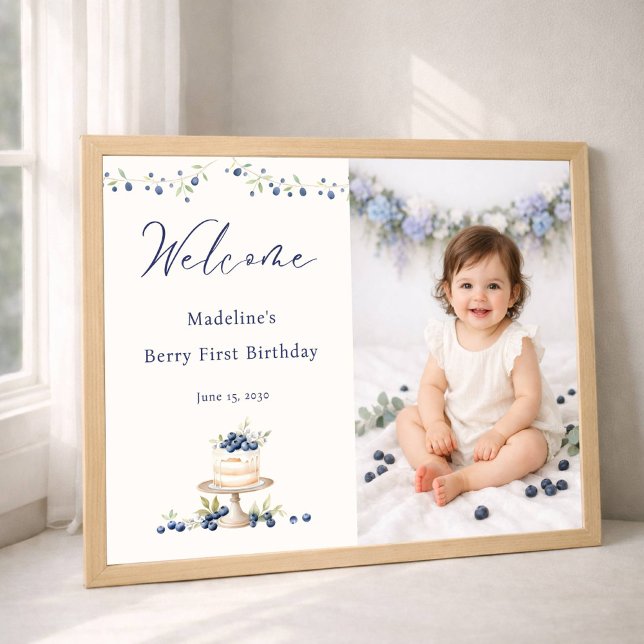 Poster Elegant Berry First Birthday Photo Welcome (Créateur téléchargé)