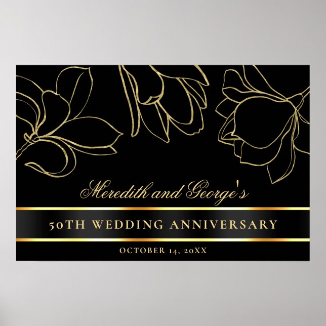 Poster Élégant Black Gold 50e anniversaire Mariage (Devant)