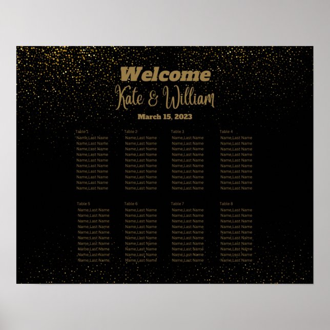 Poster Elégant Black & Gold 8 tables Seating Chart (Devant)