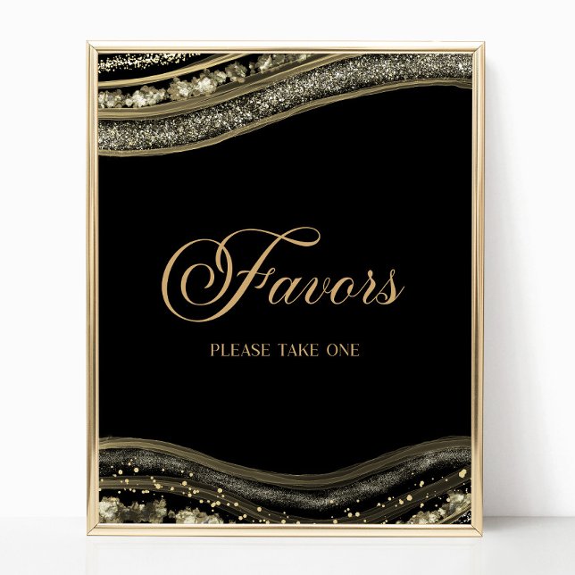 Poster Elegant Black Gold Agate Party Favors Sign (Créateur téléchargé)