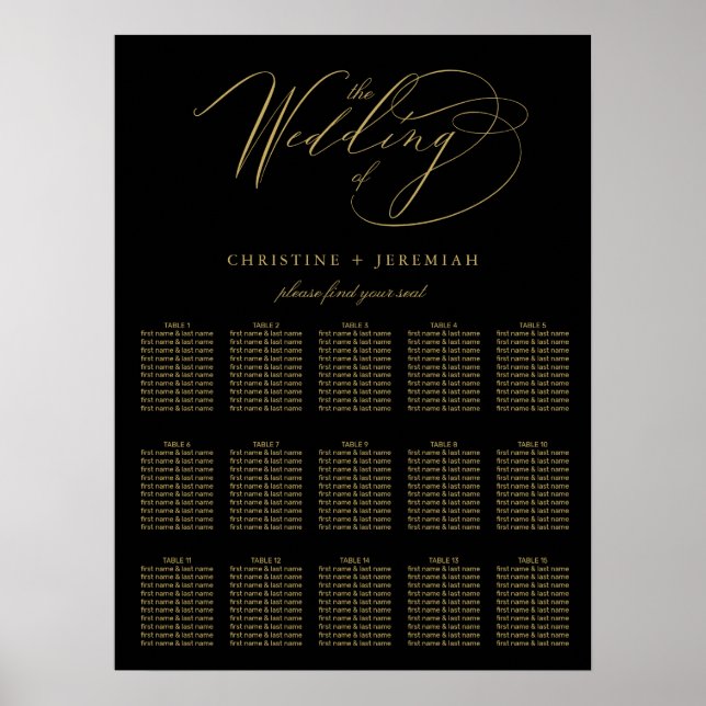 Poster Elégant Black Gold Elegant Script Mariage Siège (Devant)