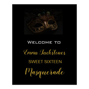 Poster Elégant Black & Gold Masquerade d'anniversaire Bie