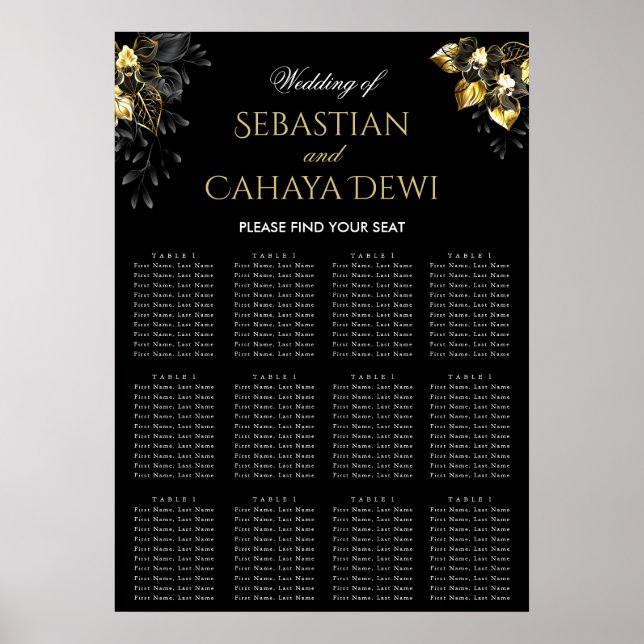 Poster Elegant black & gold summer wedding seating chart (Devant)
