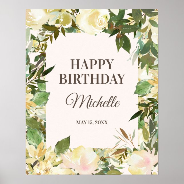 Poster Elégant Blanc Floral Feuilles Bonne fête d'anniver (Devant)