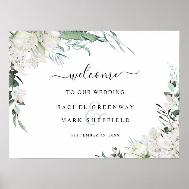 Poster Elégant Blanc Floral Mariage Bienvenue (Devant)