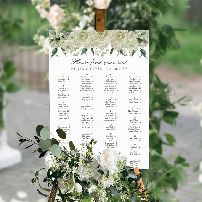 Poster Élégant blanc floral simple Mariage carte de siège (Elegant, simple wedding seating plan, perfect for spring or summer.)