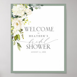 Poster Elégant blanc gris vert Aquarelle Bienvenue