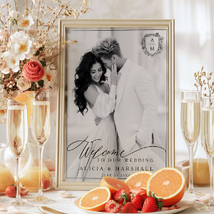 Poster Élégant blason floral photo mariage de bienvenue