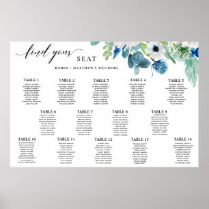 Poster Elégant bleu blanc Aquarelle Floral Seating Chart
