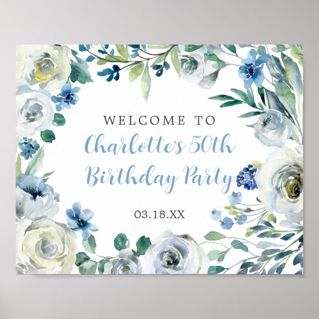 Poster Elégant Bleu Blanc Floral Anniversaire Bienvenue (Devant)