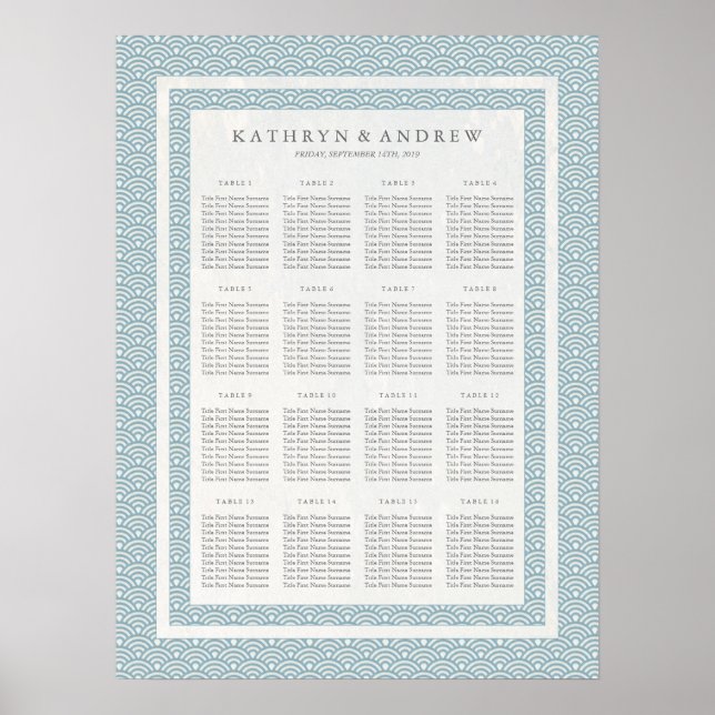 Poster Elégant Bleu+Blanc Seigaiha Mariage Carte de siège (Devant)