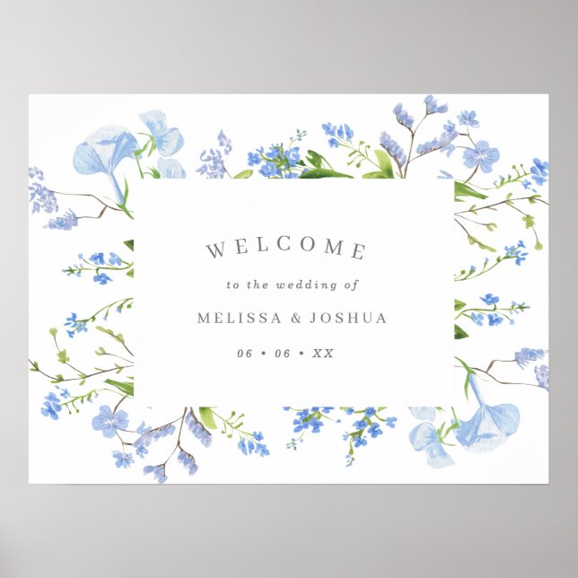 Poster Elégant bleu clair Mariage Floral Bienvenue (Devant)