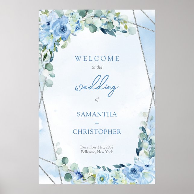 Poster Elégant bleu douce aquarelle floral argent Bienven (Devant)