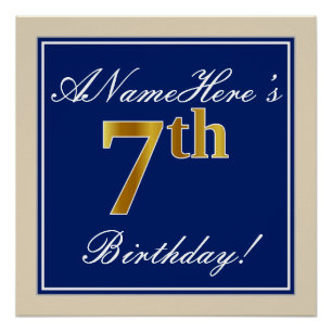 Poster Elégant, Bleu, Faux Gold 7e anniversaire; Nom pers