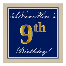 Poster Elégant, Bleu, Faux Gold 9e anniversaire; Nom pers