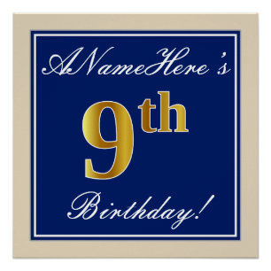 Poster Elégant, Bleu, Faux Gold 9e anniversaire; Nom pers