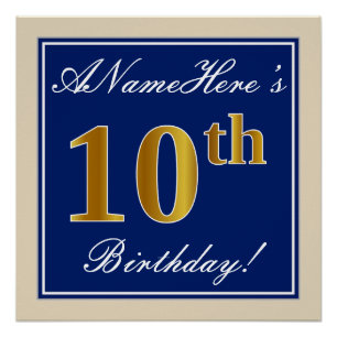 Poster Elégant, Bleu, Faux Or 10ème Anniversaire + Nom
